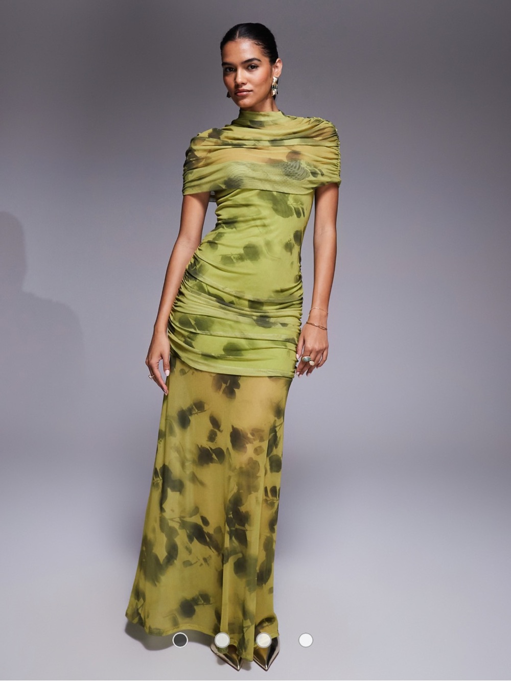 ASOS printed mesh high neck overlay maxi dress with sheer shirt in green floral
